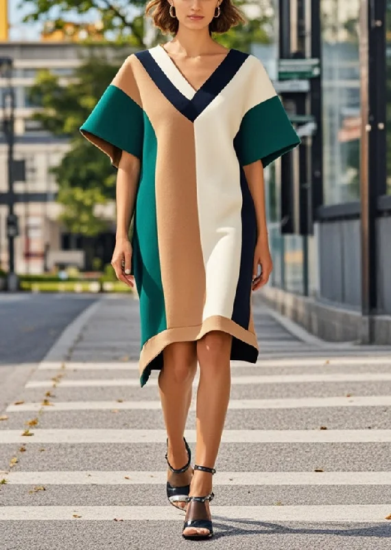 v-neck dressFrench Colorblock Asymmetrical Patchwork Chiffon Long Dresses Summer