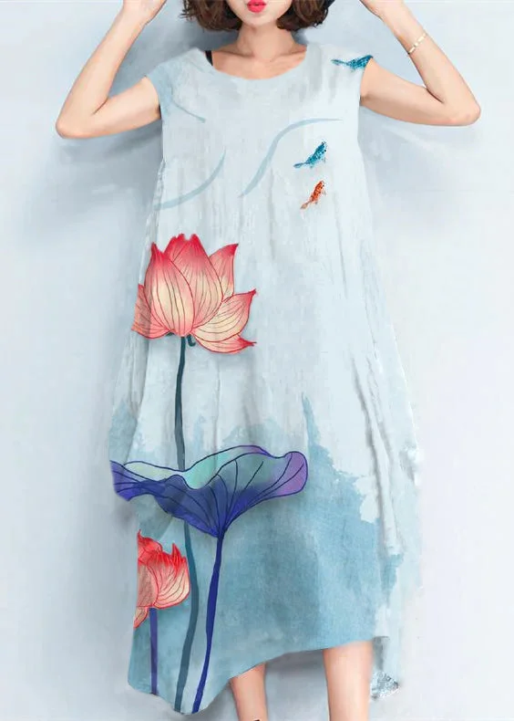 puff sleeve dress2024 Blue Flowers natural cotton polyester dress oversize sleeveless traveling dress Elegant kaftans