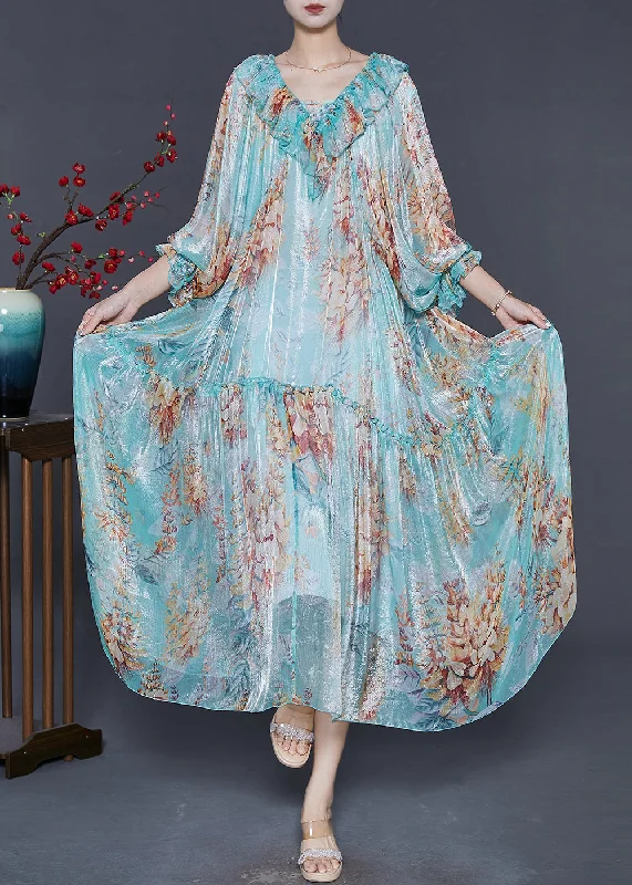 tiered dressClassy Blue Ruffles Print Silk Vacation Dresses Spring