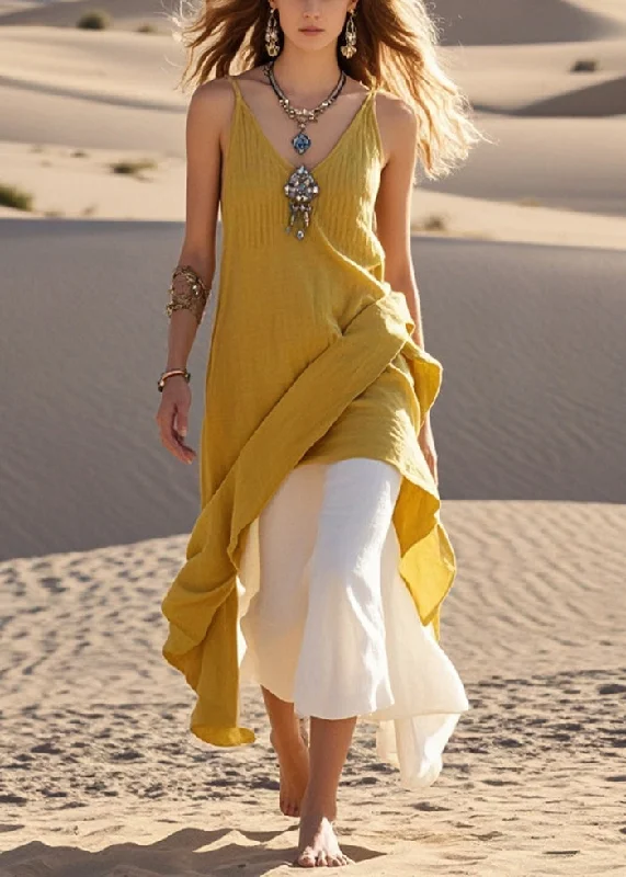 boho dressFine Yellow Asymmetrical Cotton Fake Two Piece Dresses Summer