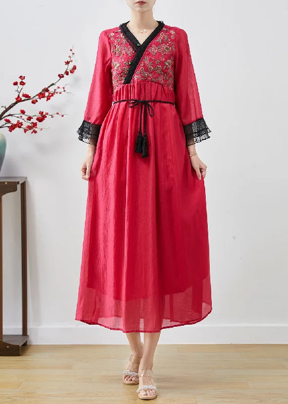 satin midi dressClassy Red Embroidered Patchwork Chiffon Long Dresses Spring