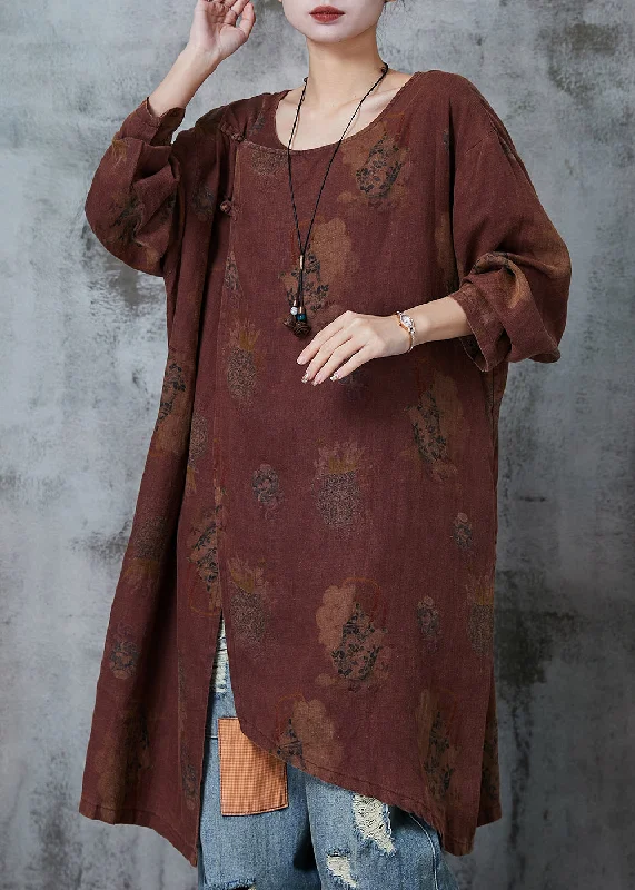 chic wrap dressArt Dull Orange Asymmetrical Print Linen Oriental Dresses Spring