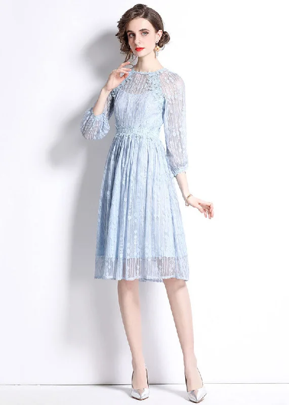 cocktail dressWomen Sky Blue Embroideried Wrinkled Patchwork Lace Mid Dress Summer