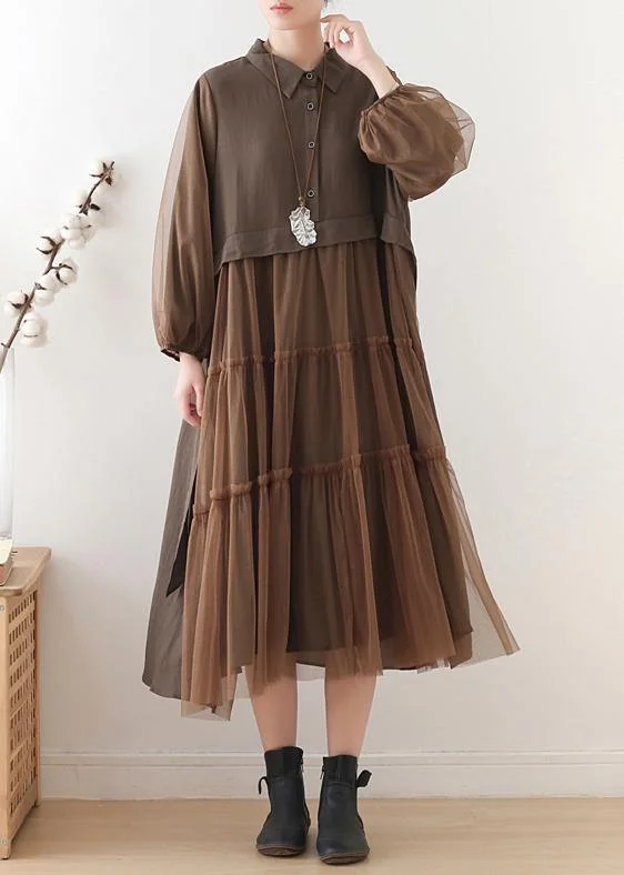 backless dressHandmade lapel patchwork tulle clothes Catwalk chocolate robes Dresses