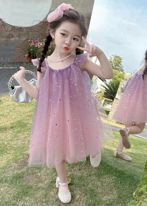 draped dressGradient Color Pink O-Neck Sequins Tulle Girls Mid Dress Short Sleeve