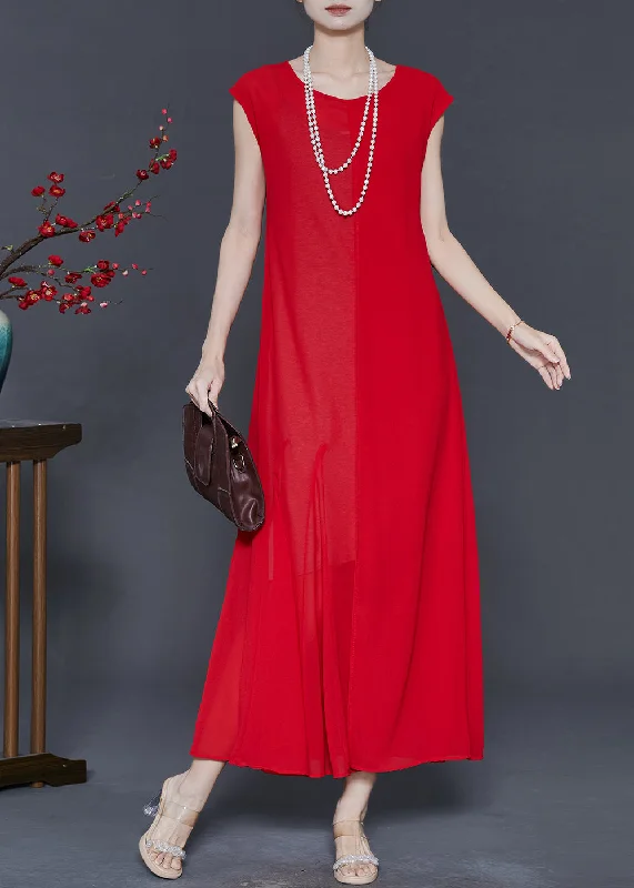 floral midi dressSimple Red Silm Fit Draping Chiffon Robe Dresses Summer