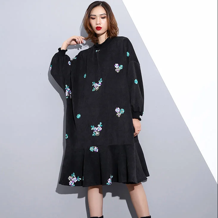 stylish dressfashion black embroidery fall dress Loose fitting traveling dress Elegant Stand clothing dresses