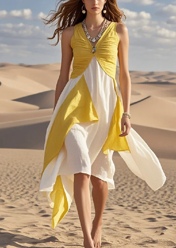 sleek dressYellow Patchwork Cotton Cami Dresses Asymmetrical Summer