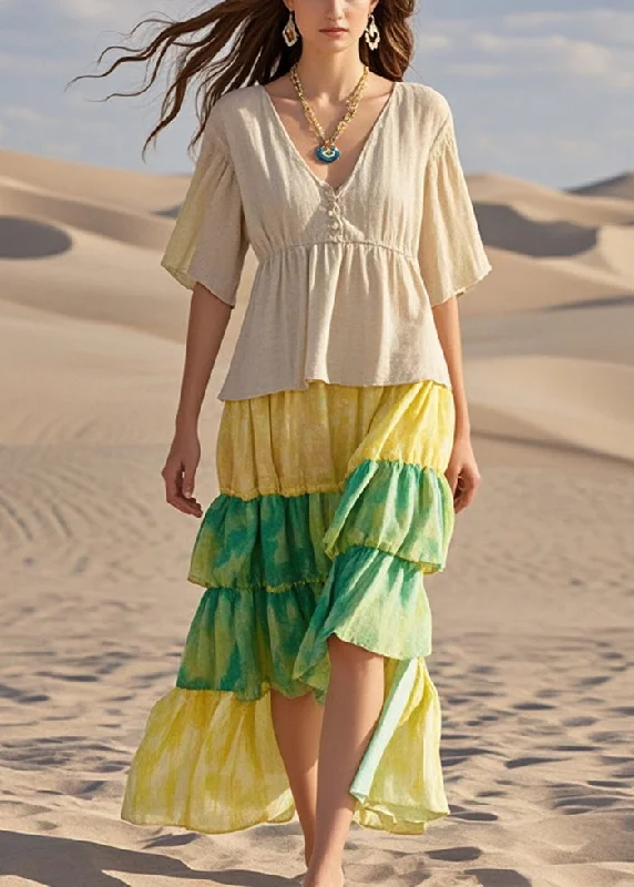 summer dressBohemian Beige Ruffled Patchwork Cotton Dresses Summer