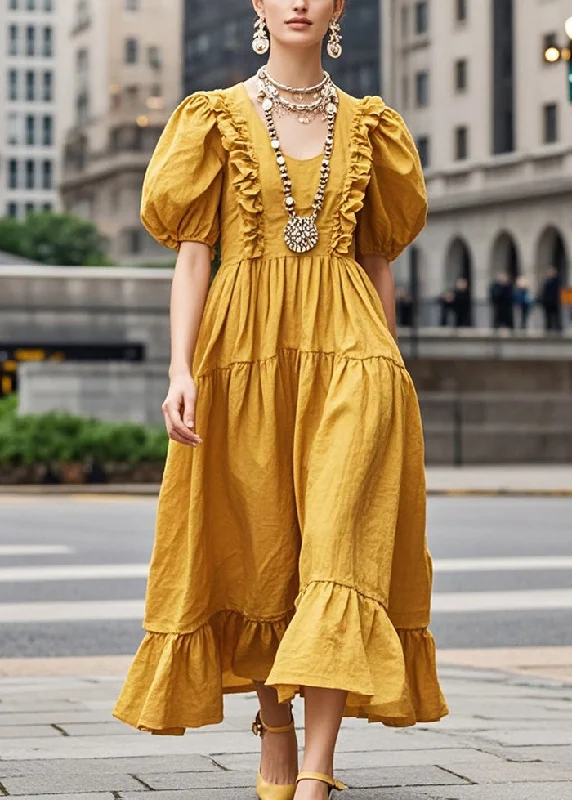 trendy mini dressDIY Yellow Puff Sleeve Ruffled Cotton Long Dress