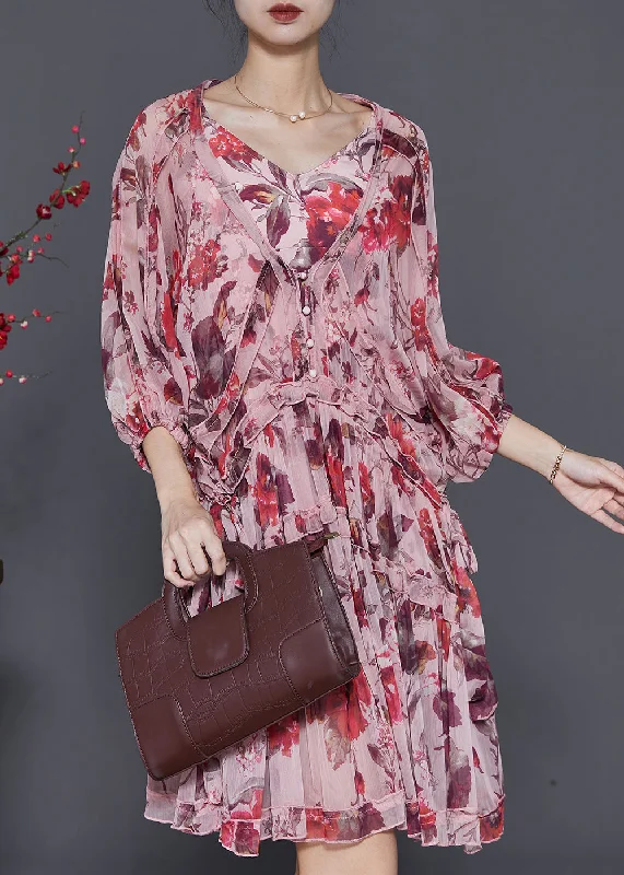 minimalistic dressBeautiful Brick Red Print Chiffon Vacation Dress Lantern Sleeve