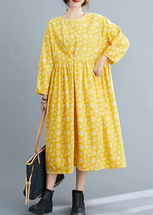 modern dressLoose Yellow Floral O Neck Cinched Art Spring Dresses