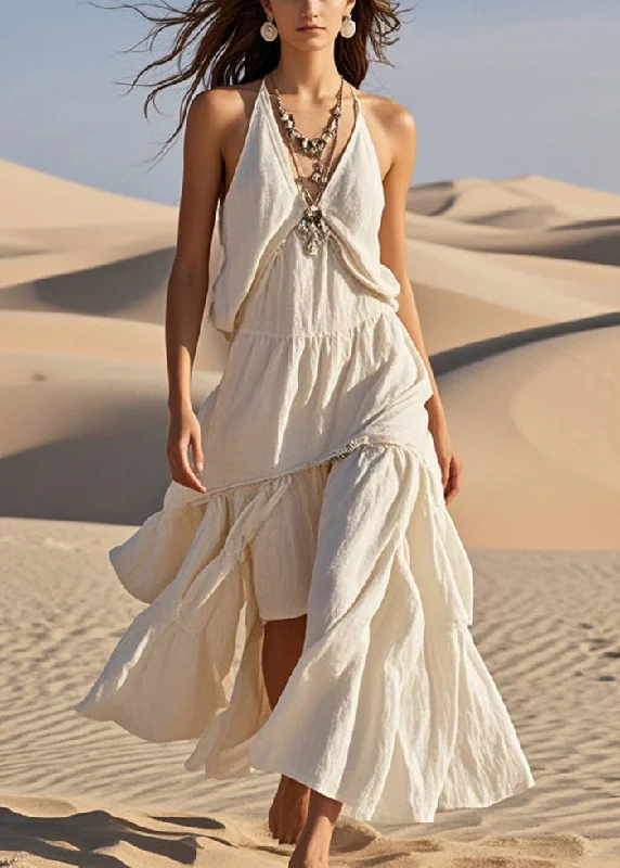 comfy dressStylish White Asymmetrical Design Cotton Halter Dress Summer