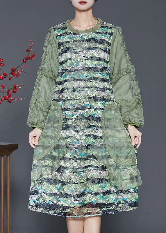 boho-chic dressClassy Green Ruffled Patchwork Silk Dress Spring