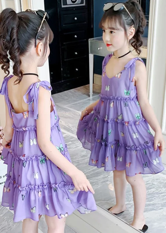 sleek midi dressModern Purple V Neck Print Ruffled Patchwork Kids Chiffon Slip Mid Dress Summer