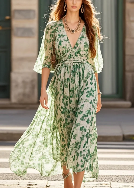 structured dressStylish Green V Neck Print Chiffon Long Dresses Summer