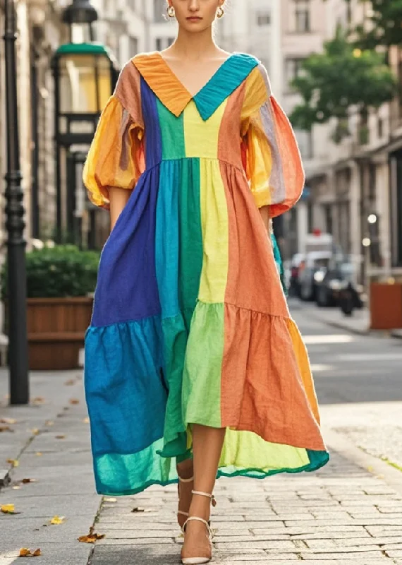 casual day dressHandmade Colorblock Oversized Patchwork Cotton Dresses Lantern Sleeve