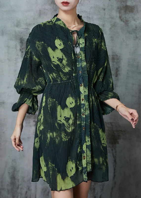 relaxed fit dressBoho Blackish Green Tie Dye Pleated Dress Spring