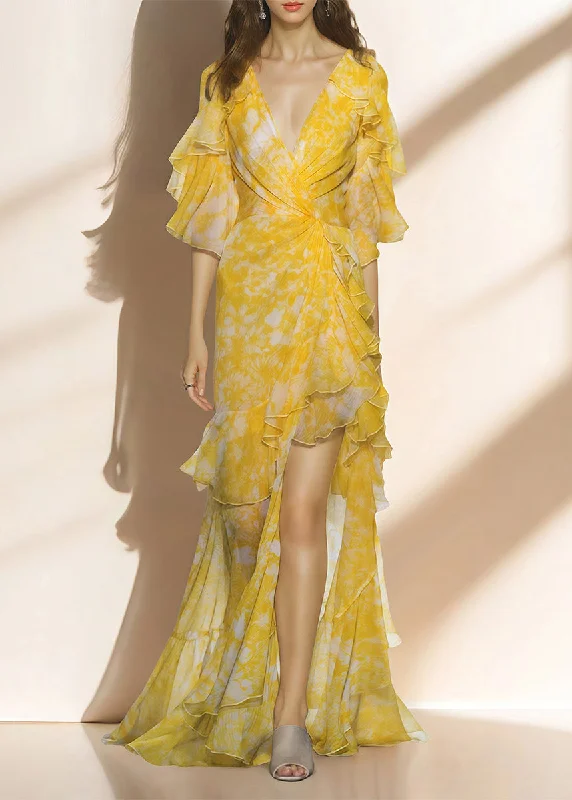 romantic dressFrench Yellow V Neck Ruffled Asymmetrical Patchwork Silk Long Dress Summer