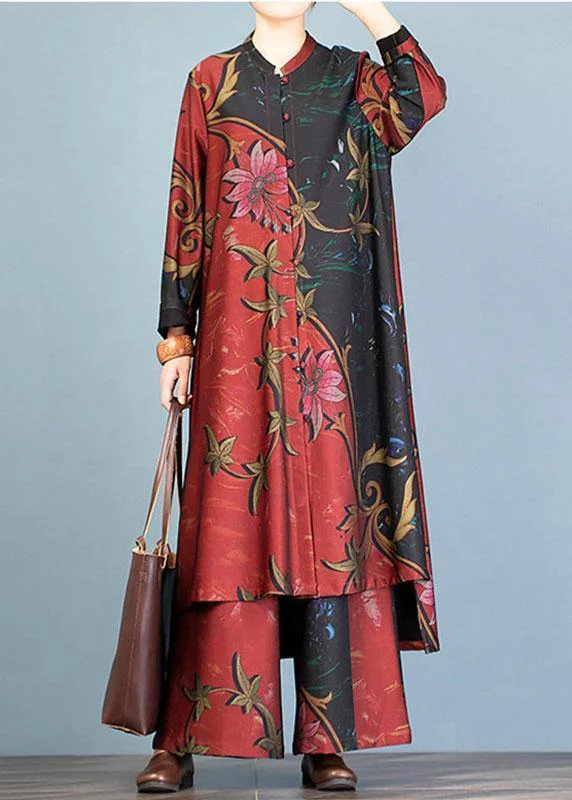 casual evening dressAutumn large size retro long coat jacket loose wide leg pants red printed two-piece suit