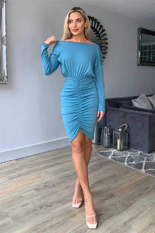 stylish dressLong Sleeves Ruched Front Dress In Teal