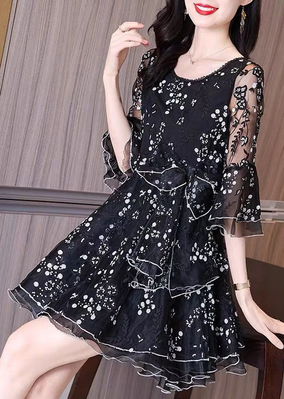 flowy dressBoutique Black Ruffled Embroideried Patchwork Tulle Dresses Fall