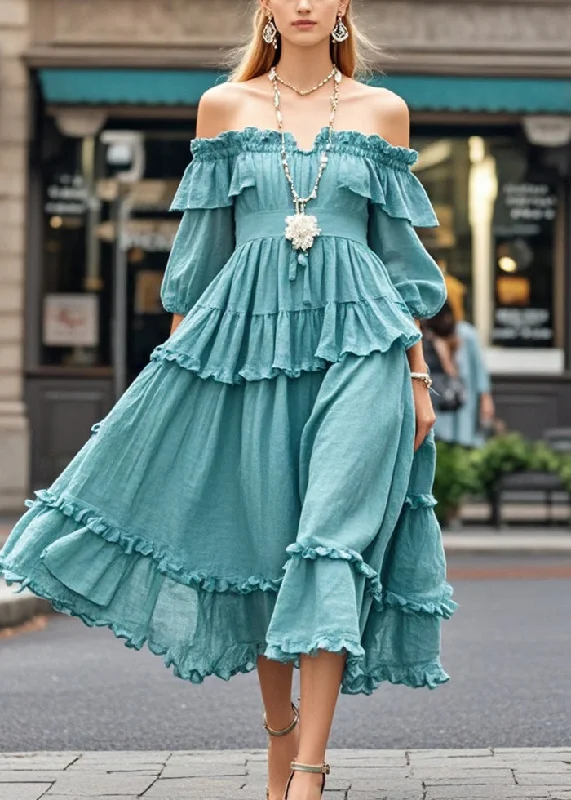 ruffle dressCasual Blue Ruffled Cold Shoulder Cotton Dress Summer