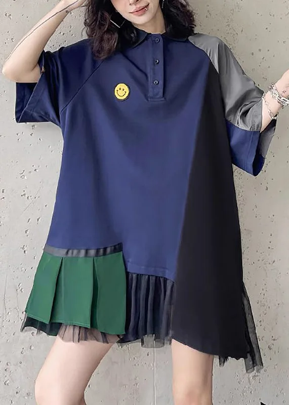 casual shift dressLoose Navy Peter Pan Collar Asymmetrical Patchwork Cotton Mid Dress Summer