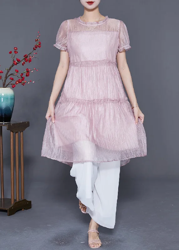 floral dressCute Pink Ruffled Patchwork Silk A Line Dress Summer