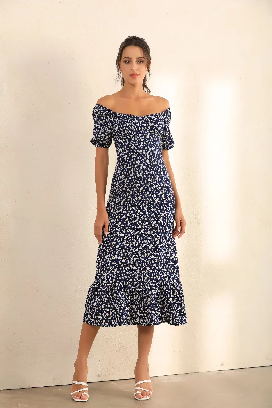 textured dressFloral Print Puff Shoulder | Bardot Ruffle Hem Midi Dress In Navy