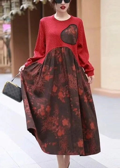 floral wrap dressNew Red O Neck Print Patchwork Cotton Long Dress Winter