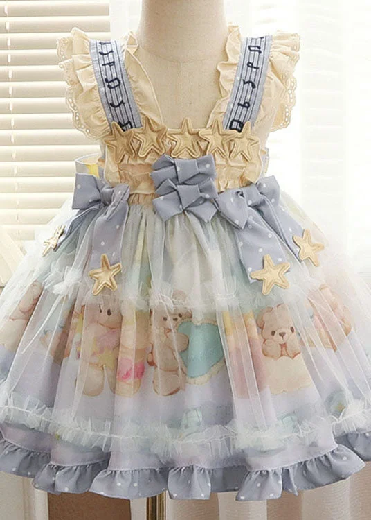 oversized dressLovely Blue Ruffled Print Bow Patchwork Chiffon Baby Girls Dresses Summer