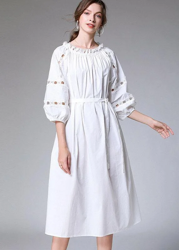 satin dressDIY White Slash Necktie Waist Cotton Fall Long Dress Half Sleeve