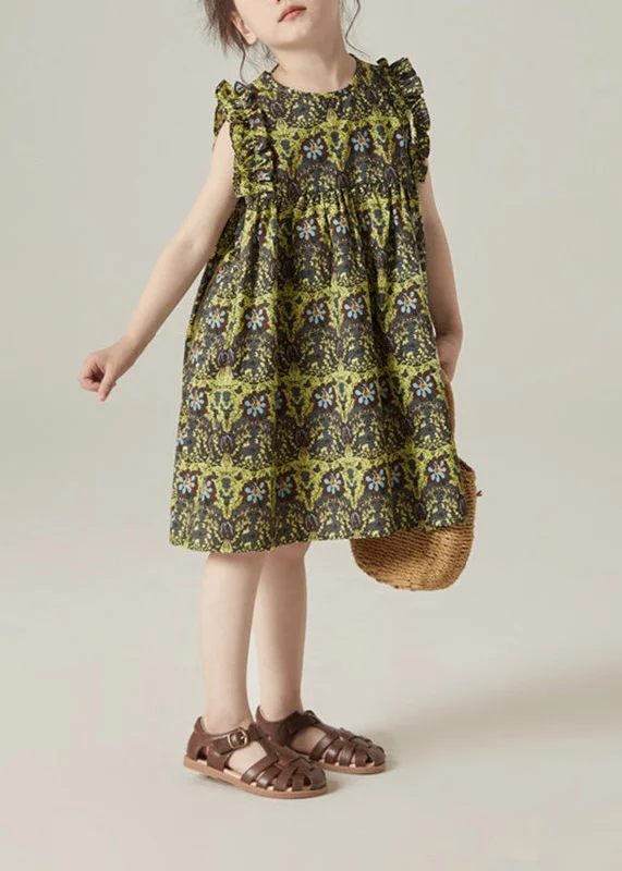 stylish party dressBoho Green O-Neck Print Ruffled Wrinkled Cotton Girls Mid Dress Sleeveless