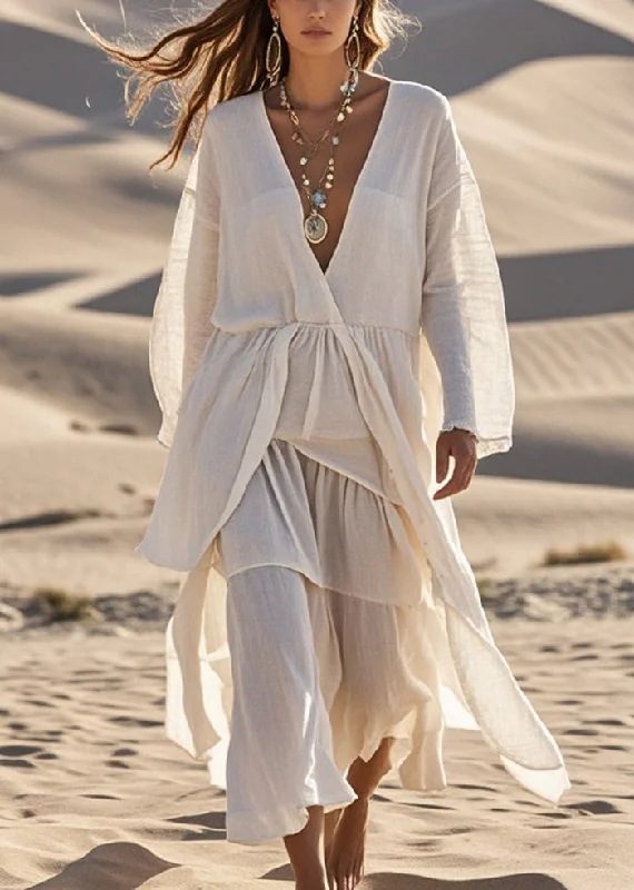 textured dressBoho White V Neck Asymmetrical Design Cotton Dress Spring