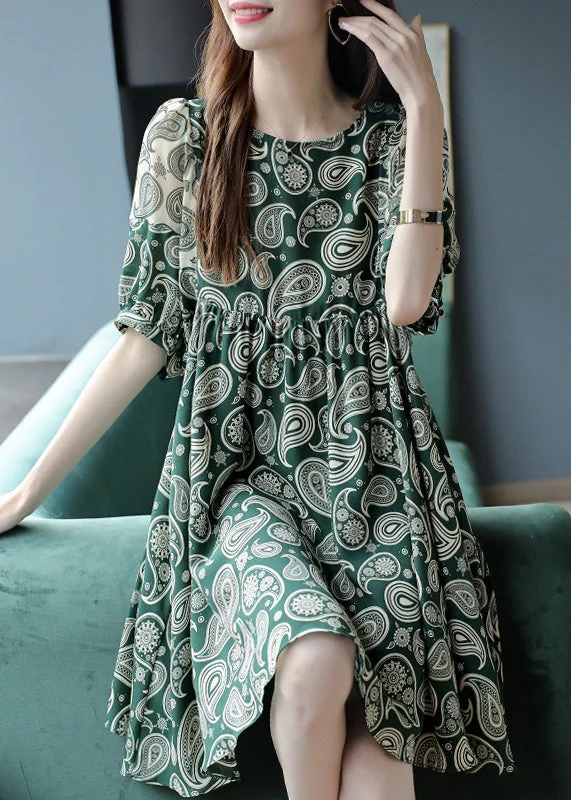 trendy mini dressBohemian Green O-Neck Print Chiffon Mid Dress Summer