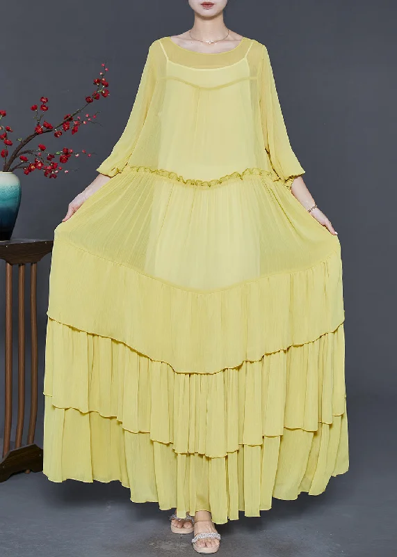 casual dressYellow Layered Chiffon Robe Dresses Ruffled Spring