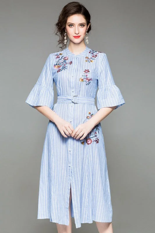 office dressBlue and White Stripe Embroidered Dress