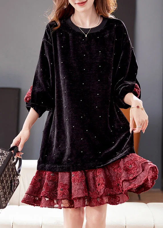 comfy maxi dressLoose Black Nail Bead Lace Patchwork Silk Velvet Dress Winter