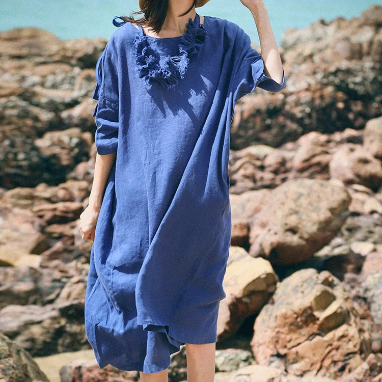 comfy maxi dressfine blue linen caftans plus size clothing o neck baggy dresses linen clothing dresses women half sleeve linen dresses