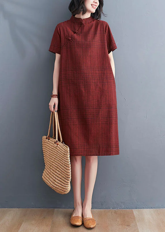 oversized dressChinese Style Red Plaid Patchwork Cotton Mid Dress Short Sleeve