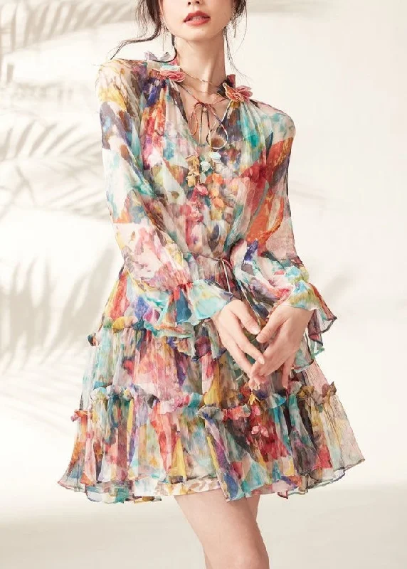 backless dressFashion Rainbow Print Ruffled Lace Tie Mid Dresses Spring