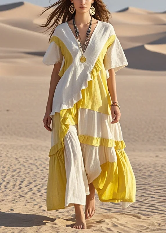 vintage-inspired dressColorblock Patchwork Ruffled Cotton Long Dress Asymmetrical Summer