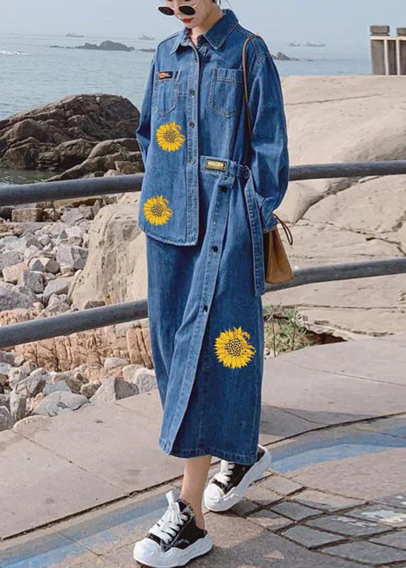 vintage dressLoose Blue-flower Pockets Button asymmetrical design Fall Denim Long sleeve Long Dress