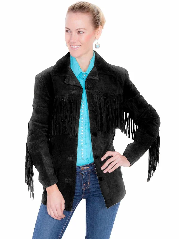 functional coatScully Womens Notched Lapel Fringe Black Leather Leather Jacket XXL