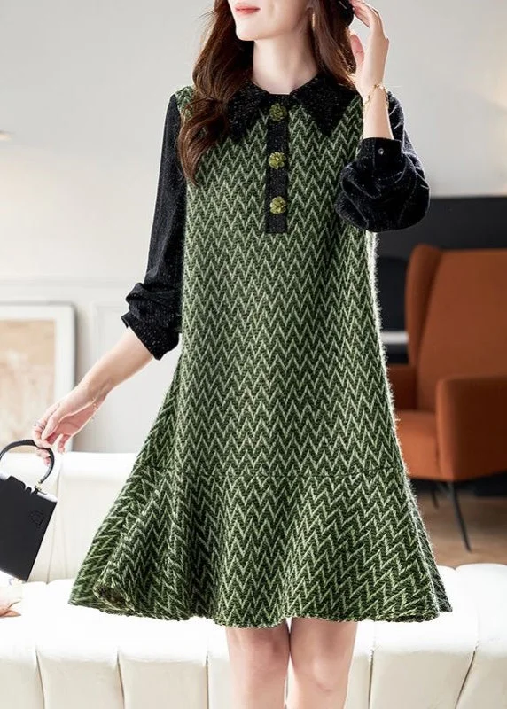 wrap dressFrench Green Peter Pan Collar Striped Patchwork Mid Dresses Spring