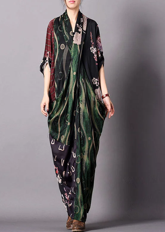 velvet dressSimple Green V Neck Patchwork Silk Holiday Dress Spring