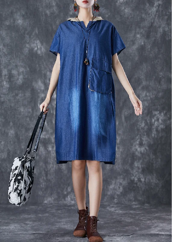 layered dressWomen Blue Hooded Patchwork Pocket Denim Mid Dress Summer