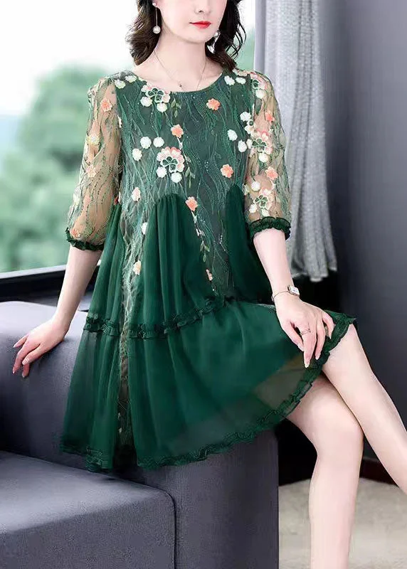 trendy dressBoutique Green Embroideried Patchwork Tulle Mid Dresses Summer