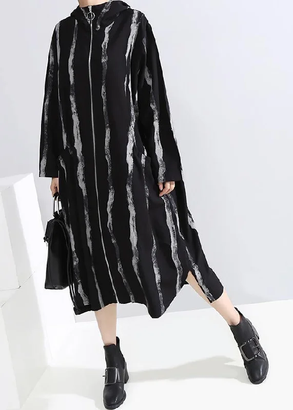 lace dressHandmade black striped Fine Long coats Cotton zippered hooded outwears